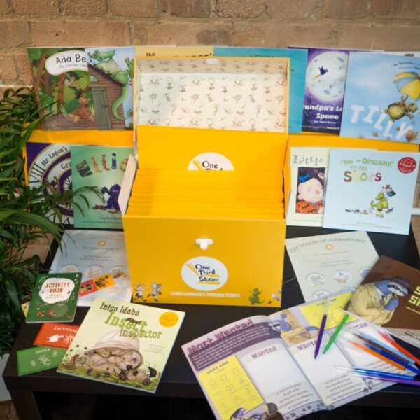 A story box with 12 story books and materials for children's language learning