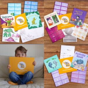 Four images side by side, 3 being books and story box contents and one with a child holding a language learning book over his face